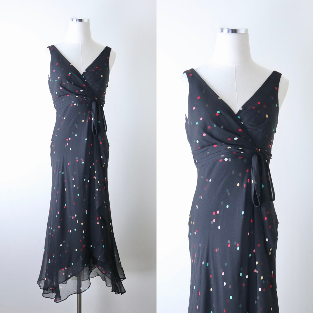 Vintage 1990s Anne Klein Size 4 Silk Dotted Faux Wrap Midi Dress Black Chiffon